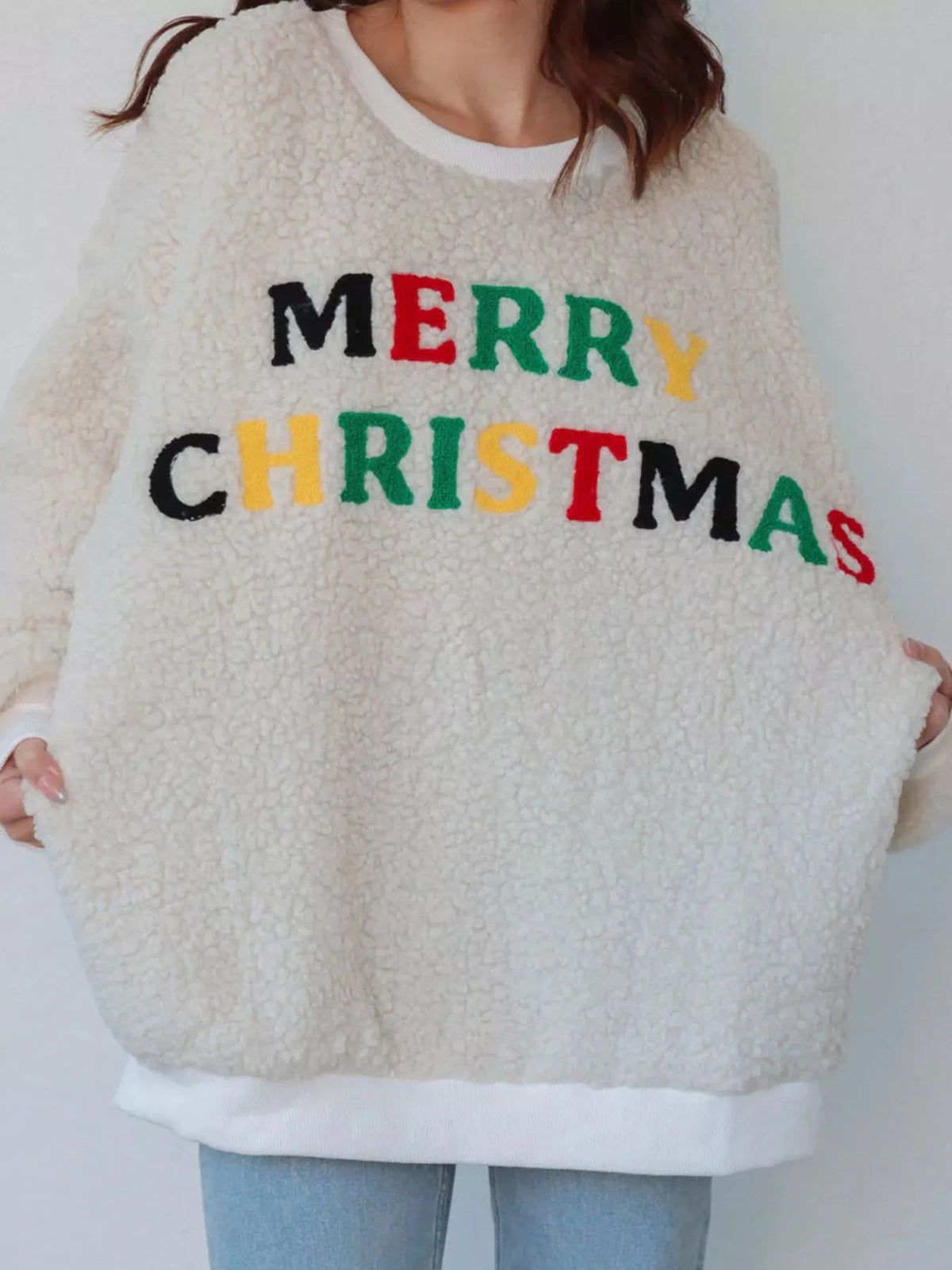 Merry Christmas Sherpa Fleece Sweatshirt Beige / S