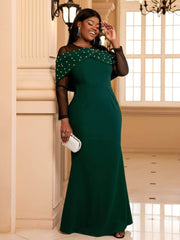 Mesh Beaded Patchwork Maxi Bodycon Dress US 16-18 / Green