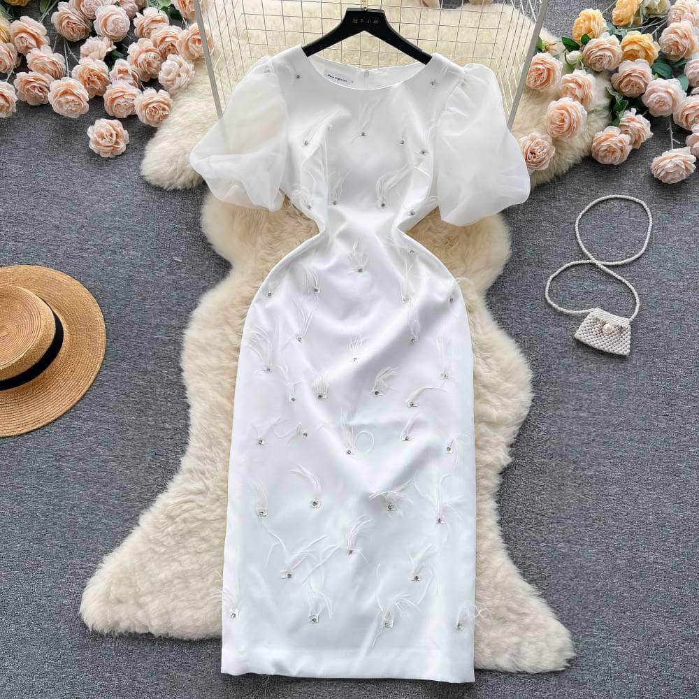 Mesh Puff Sleeves Feather Detailed Midi Dress