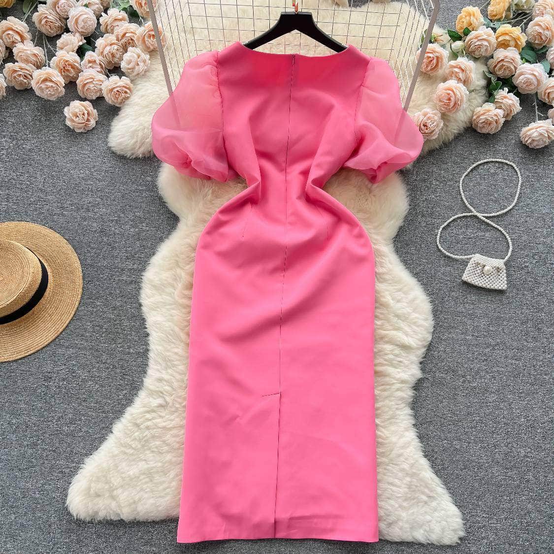 Mesh Puff Sleeves Feather Detailed Midi Dress