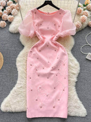 Mesh Puff Sleeves Feather Detailed Midi Dress S / LightPink