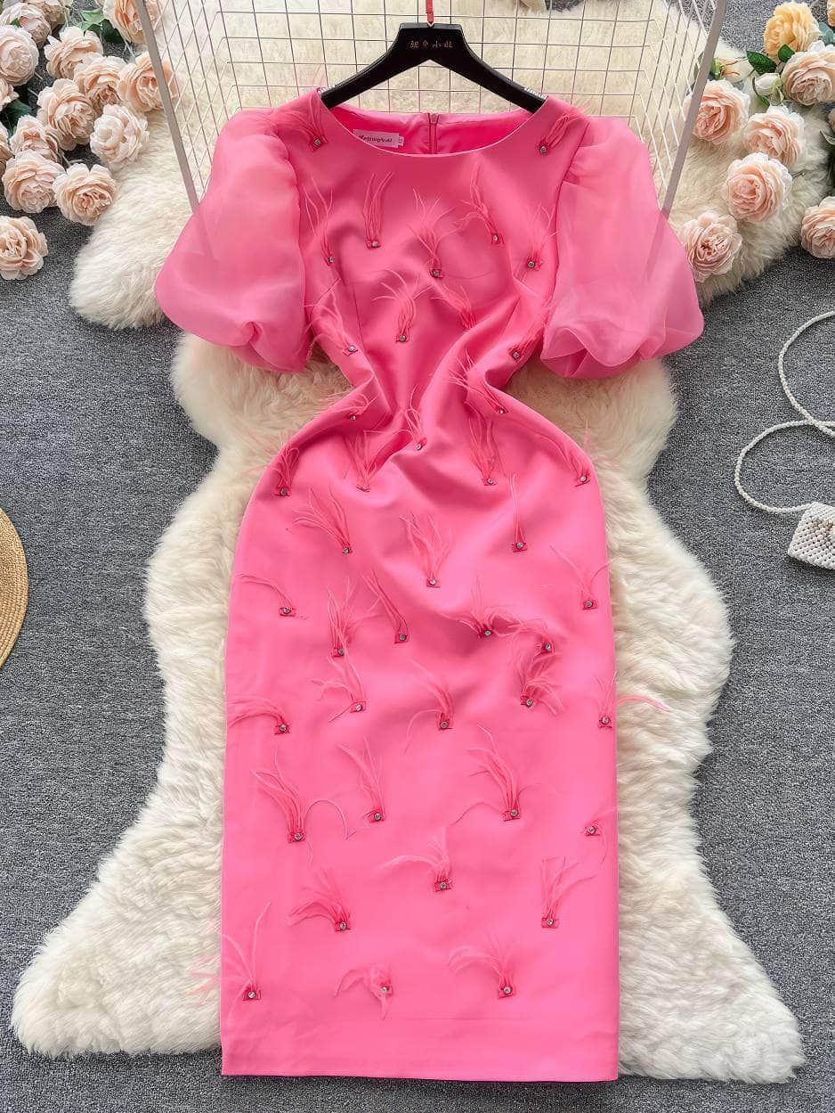 Mesh Puff Sleeves Feather Detailed Midi Dress S / Pink