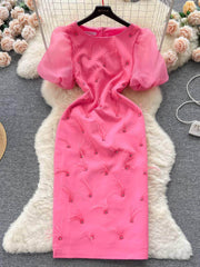 Mesh Puff Sleeves Feather Detailed Midi Dress S / Pink
