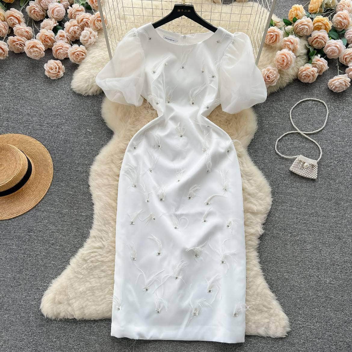 Mesh Puff Sleeves Feather Detailed Midi Dress S / White