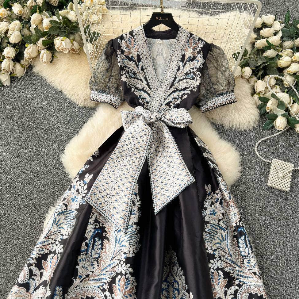 Mesh Sleeves Bohemian Vintage Sash A-line Dress