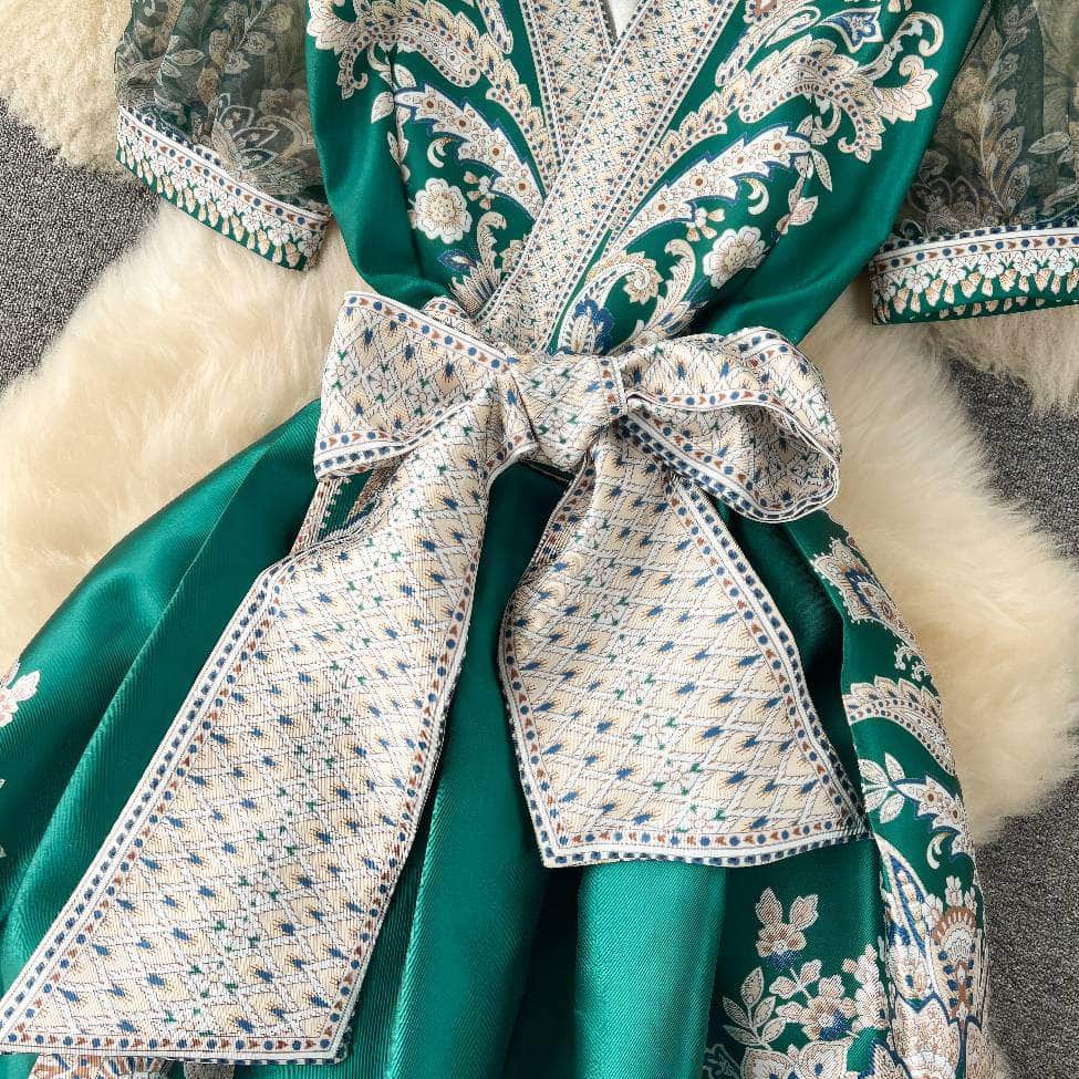 Mesh Sleeves Bohemian Vintage Sash A-line Dress