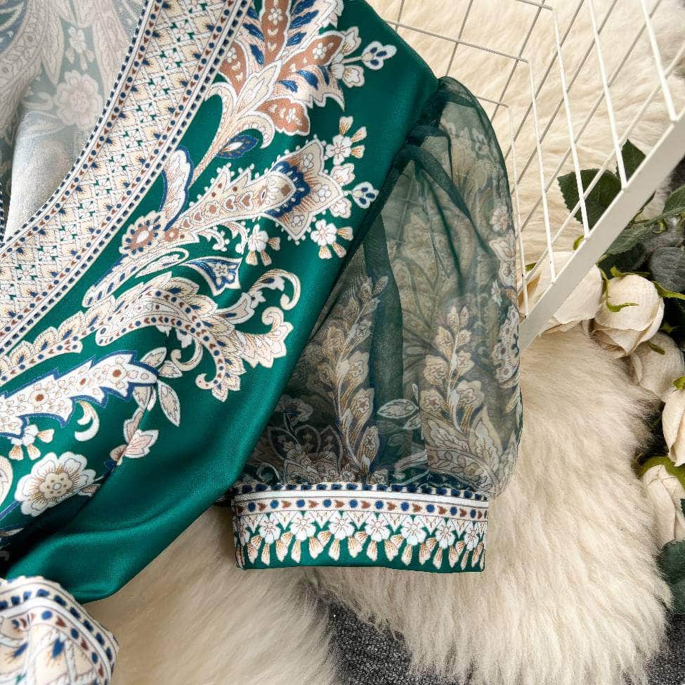 Mesh Sleeves Bohemian Vintage Sash A-line Dress