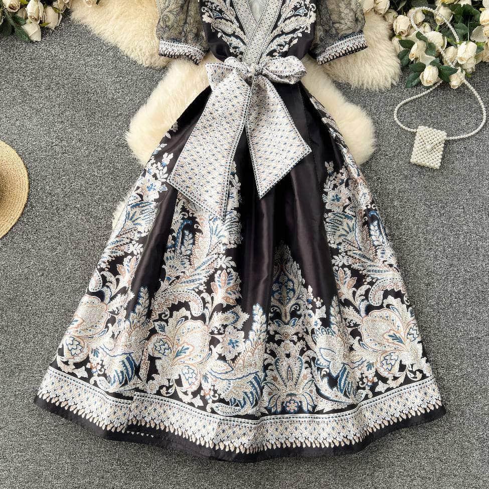 Mesh Sleeves Bohemian Vintage Sash A-line Dress