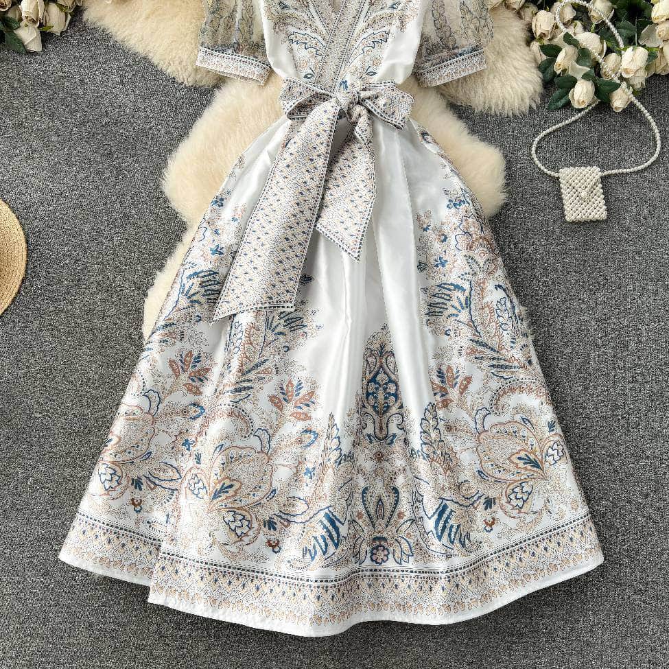 Mesh Sleeves Bohemian Vintage Sash A-line Dress