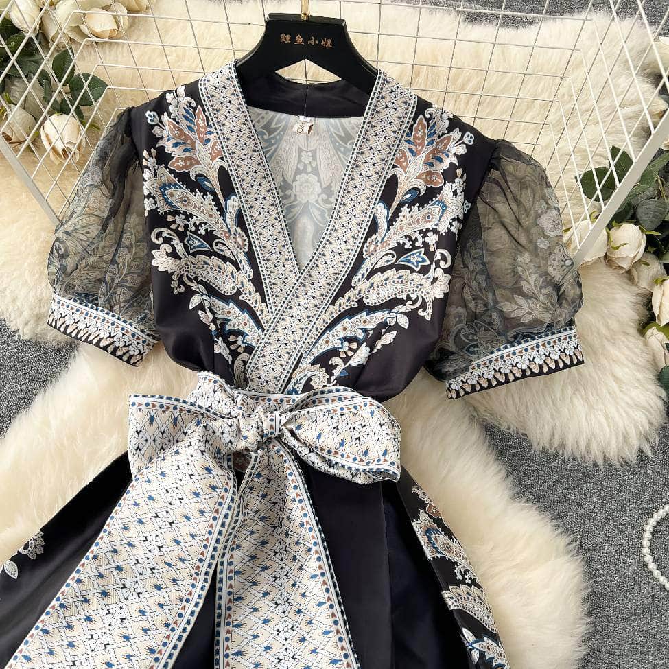 Mesh Sleeves Bohemian Vintage Sash A-line Dress
