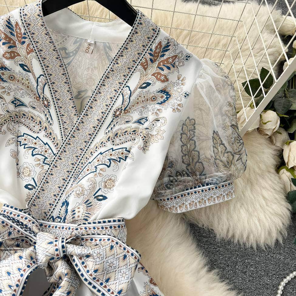 Mesh Sleeves Bohemian Vintage Sash A-line Dress