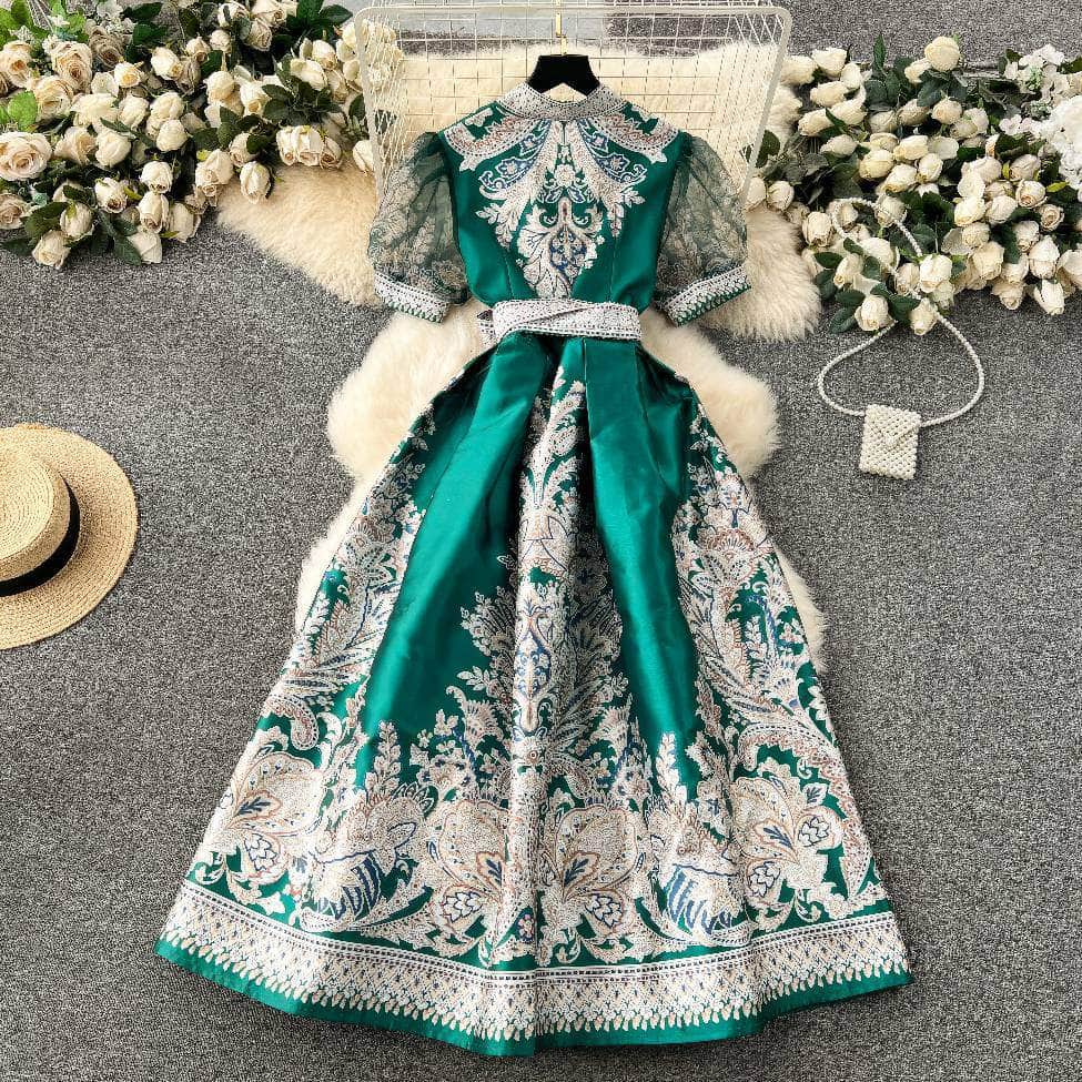Mesh Sleeves Bohemian Vintage Sash A-line Dress