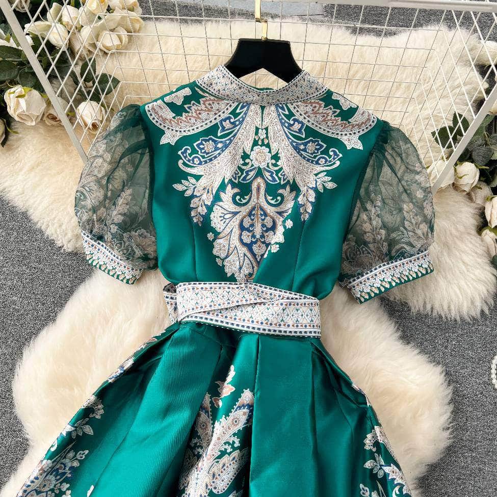 Mesh Sleeves Bohemian Vintage Sash A-line Dress