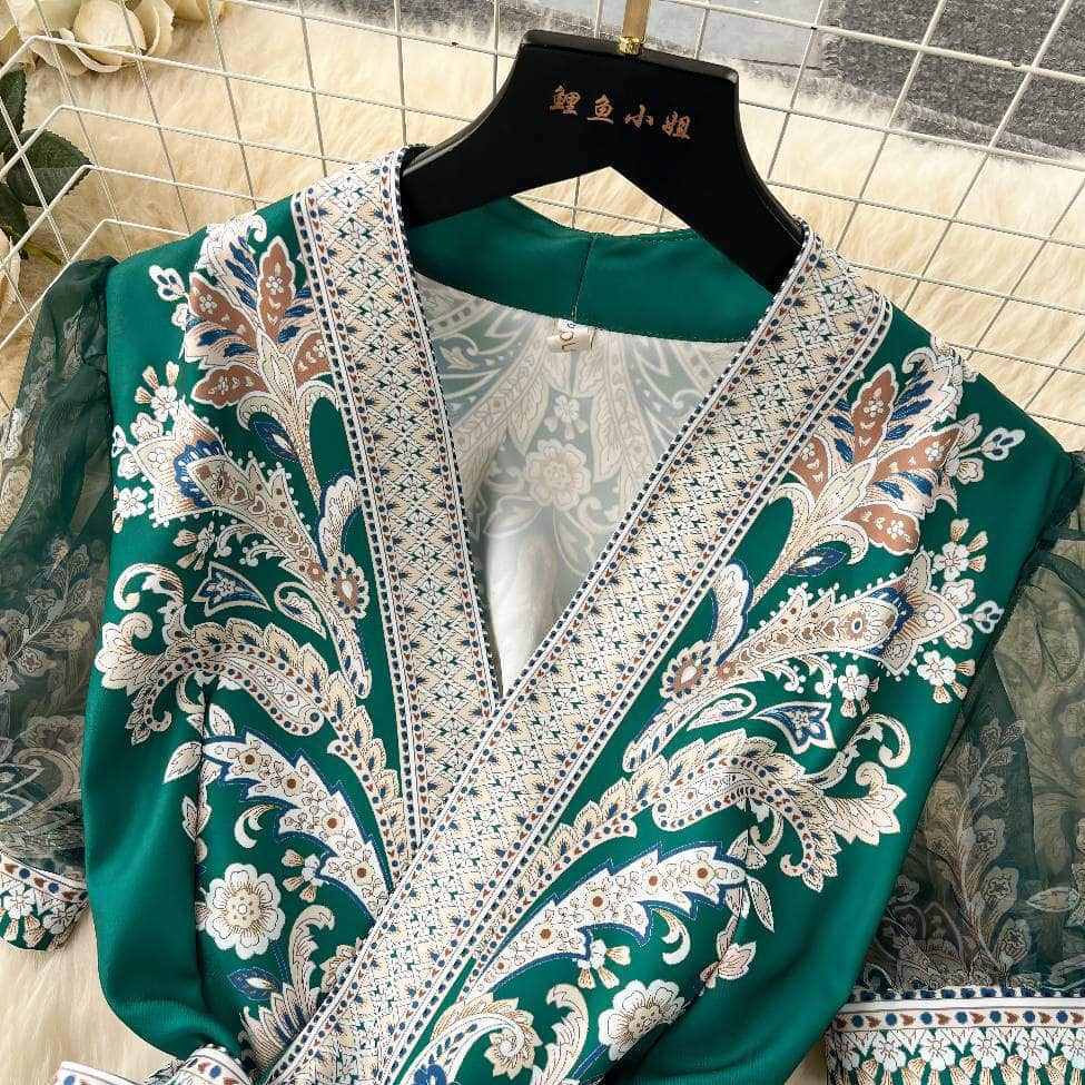 Mesh Sleeves Bohemian Vintage Sash A-line Dress