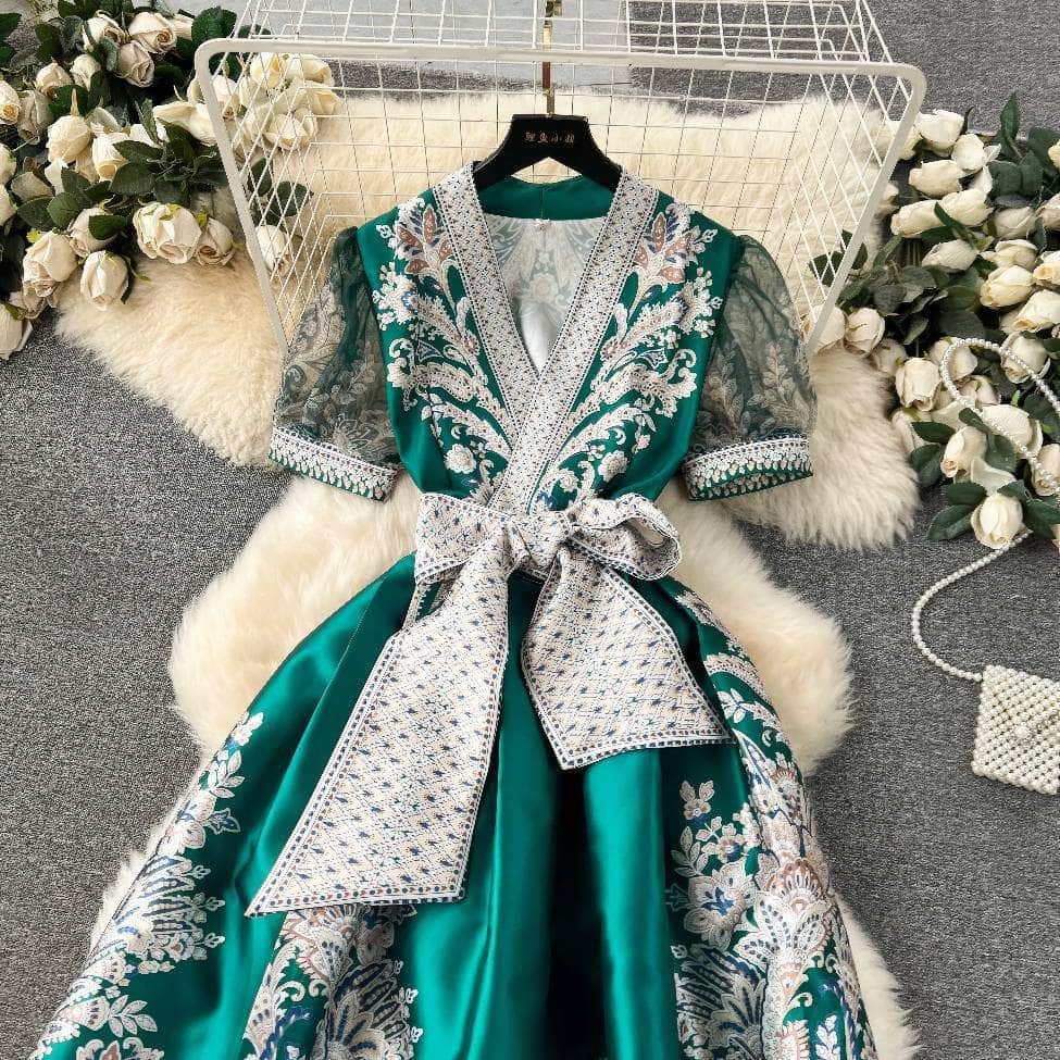 Mesh Sleeves Bohemian Vintage Sash A-line Dress