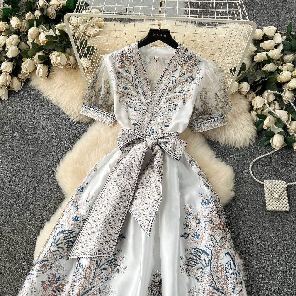 Mesh Sleeves Bohemian Vintage Sash A-line Dress