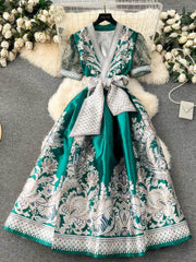Mesh Sleeves Bohemian Vintage Sash A-line Dress S / Green