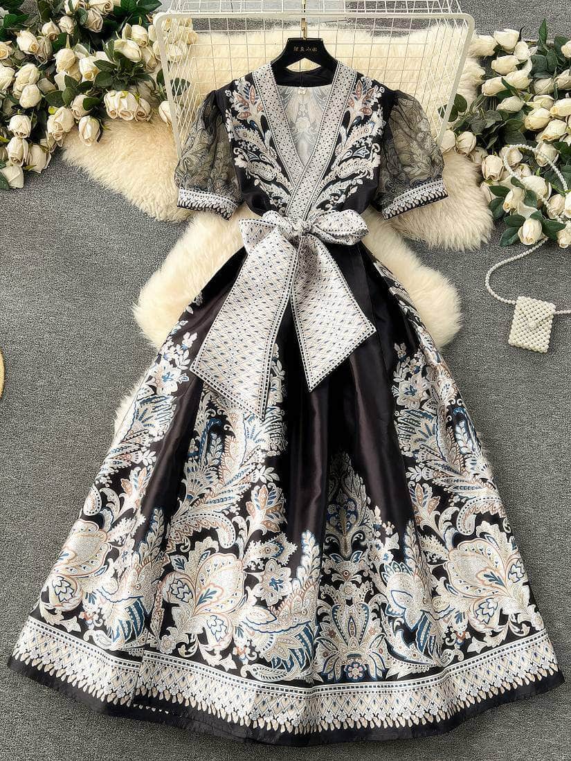 Mesh Sleeves Bohemian Vintage Sash A-line Dress S / White