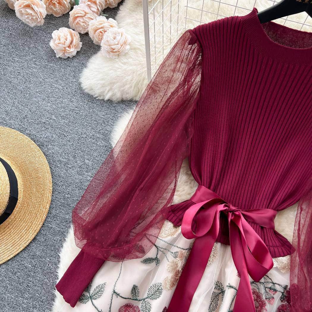 Mesh Sleeves Knitted Floral Patchwork Midi Dress