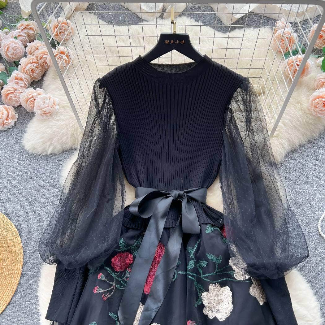 Mesh Sleeves Knitted Floral Patchwork Midi Dress