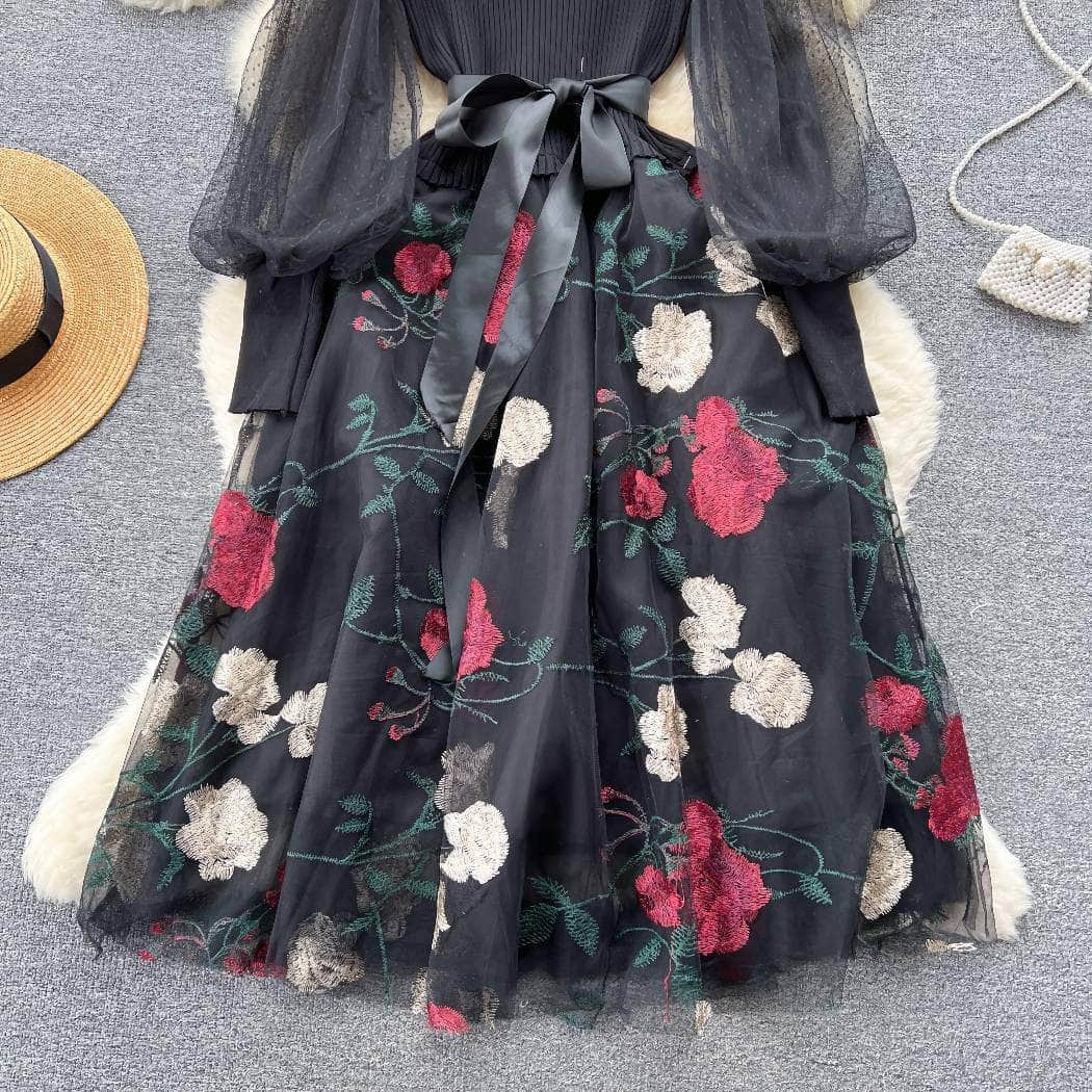 Mesh Sleeves Knitted Floral Patchwork Midi Dress