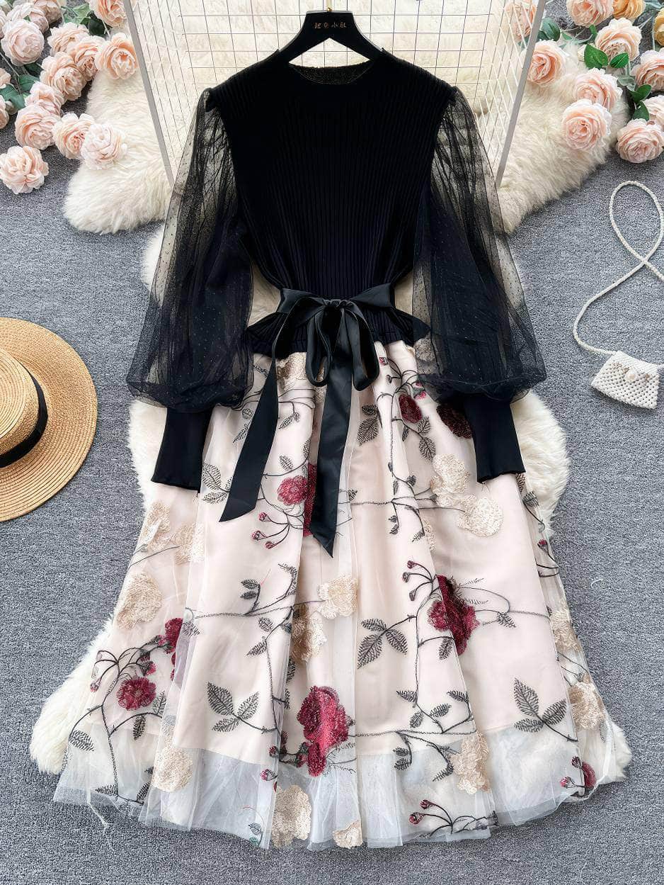 Mesh Sleeves Knitted Floral Patchwork Midi Dress