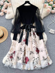 Mesh Sleeves Knitted Floral Patchwork Midi Dress