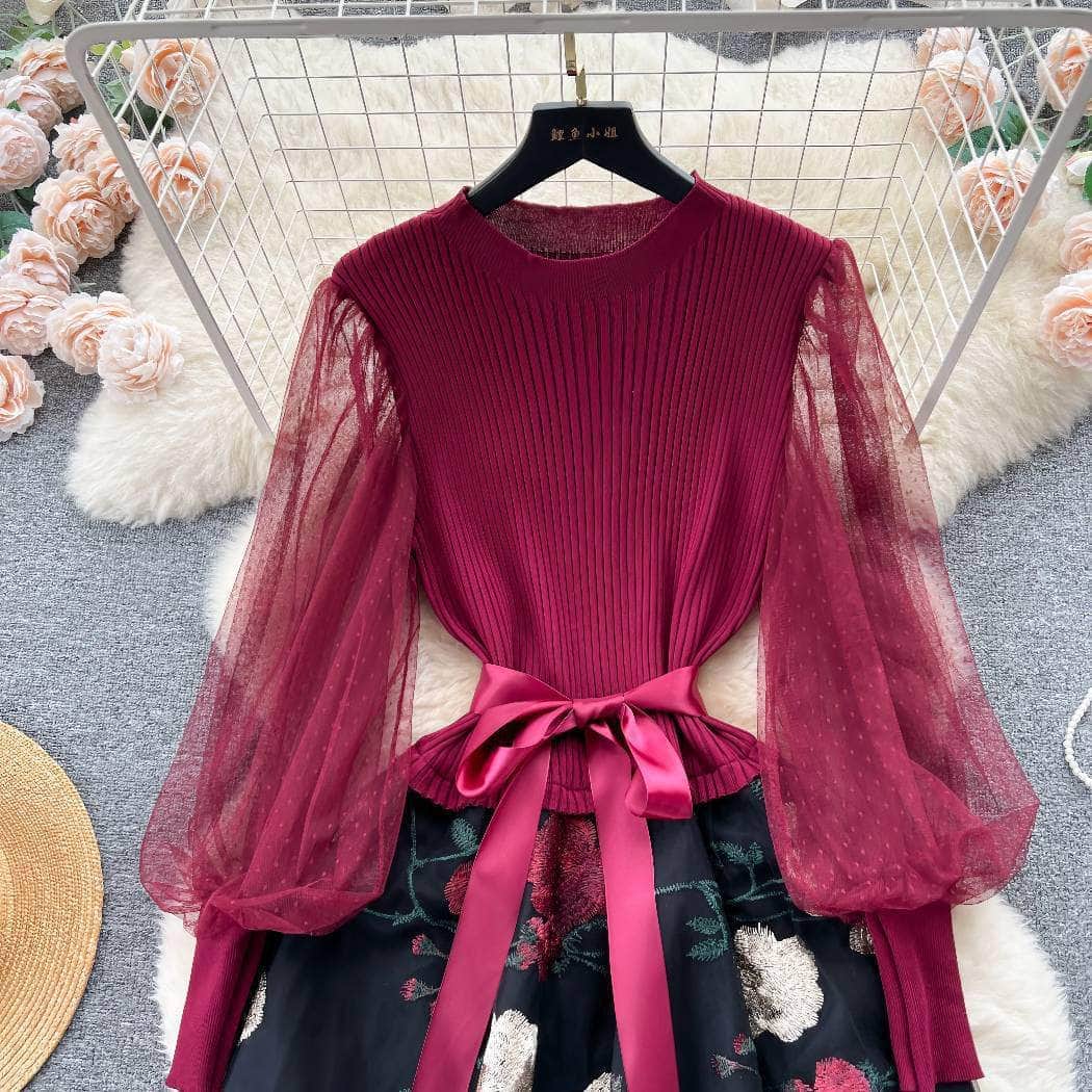 Mesh Sleeves Knitted Floral Patchwork Midi Dress