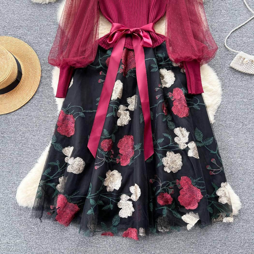 Mesh Sleeves Knitted Floral Patchwork Midi Dress
