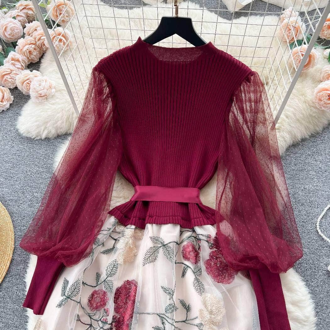 Mesh Sleeves Knitted Floral Patchwork Midi Dress