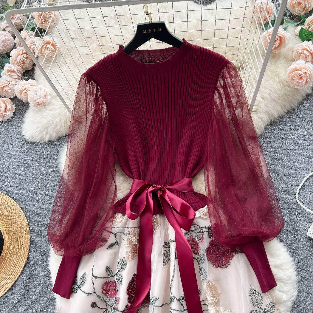 Mesh Sleeves Knitted Floral Patchwork Midi Dress