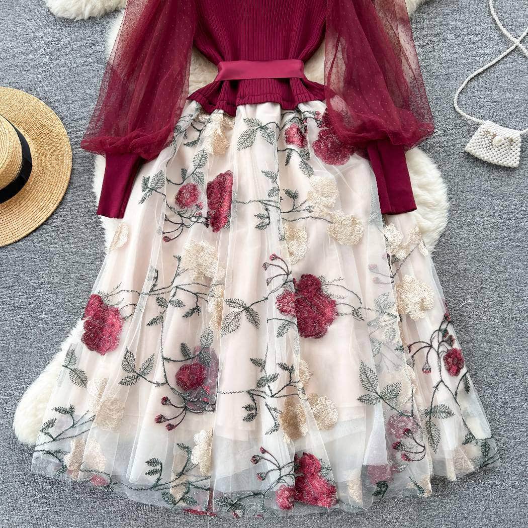 Mesh Sleeves Knitted Floral Patchwork Midi Dress