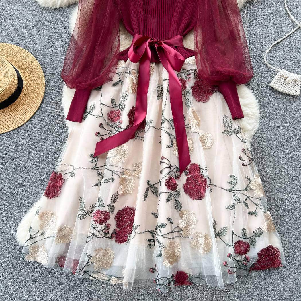 Mesh Sleeves Knitted Floral Patchwork Midi Dress