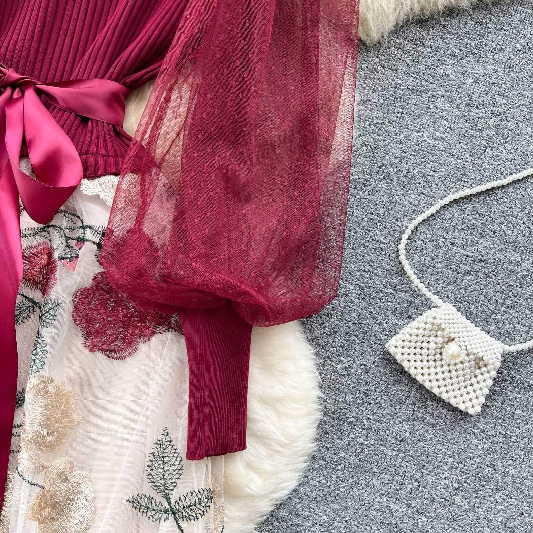 Mesh Sleeves Knitted Floral Patchwork Midi Dress