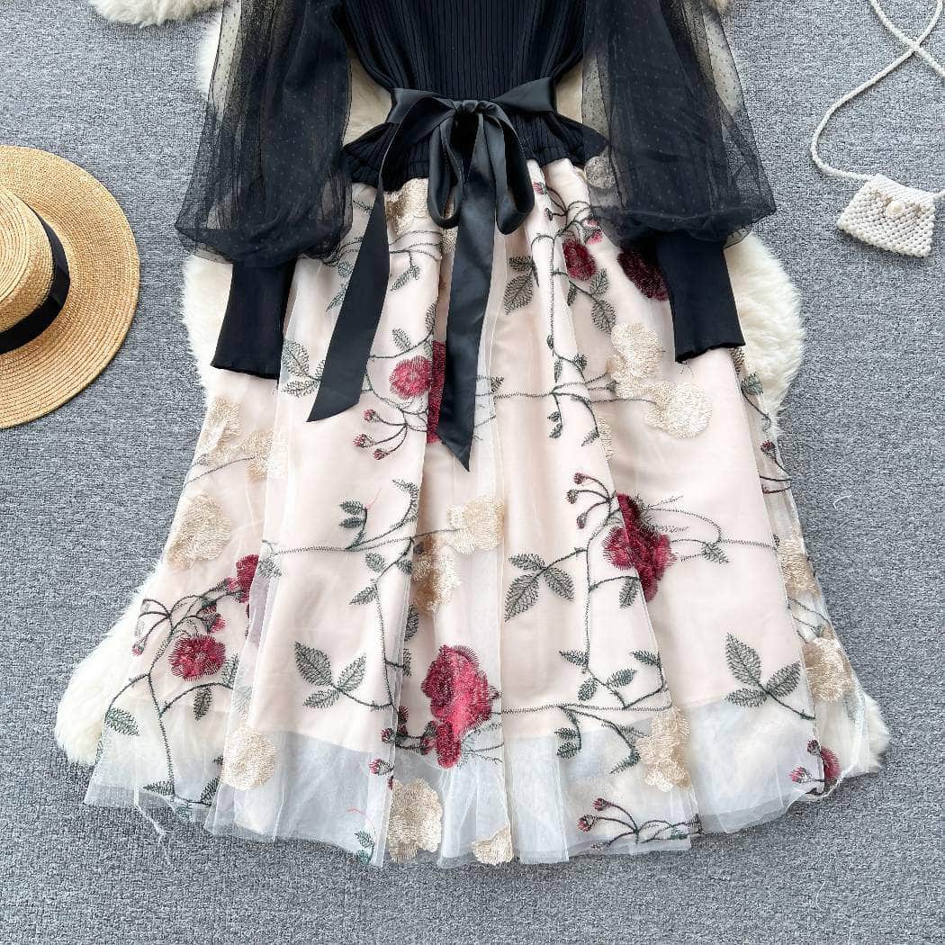 Mesh Sleeves Knitted Floral Patchwork Midi Dress