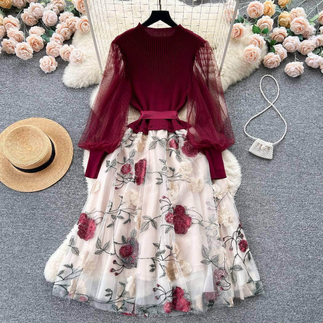 Mesh Sleeves Knitted Floral Patchwork Midi Dress