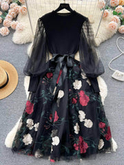 Mesh Sleeves Knitted Floral Patchwork Midi Dress MAX SIZE / Black-Ivory
