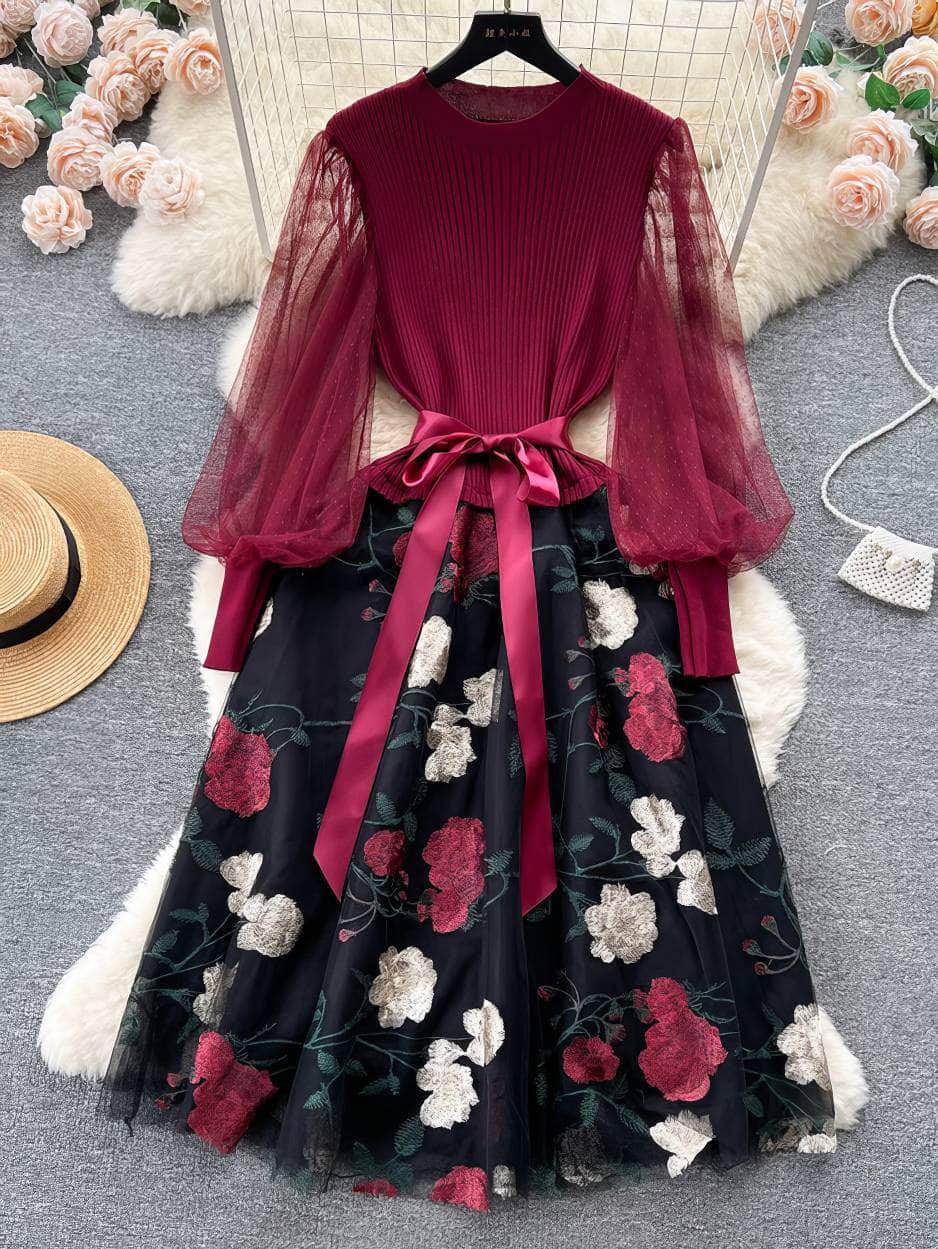 Mesh Sleeves Knitted Floral Patchwork Midi Dress MAX SIZE / Red-Black