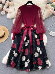 Mesh Sleeves Knitted Floral Patchwork Midi Dress MAX SIZE / Red-Black
