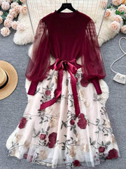 Mesh Sleeves Knitted Floral Patchwork Midi Dress MAX SIZE / Red-Ivory Black