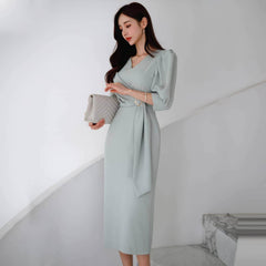 Metal Buckle Sash Detail Lantern Sleeves Dress