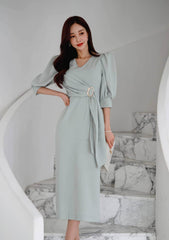 Metal Buckle Sash Detail Lantern Sleeves Dress S / LightBlue