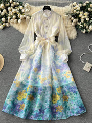 Mettage Lantern Sleeves Cottage Core Floral Vintage Maxi Dress M / Blue