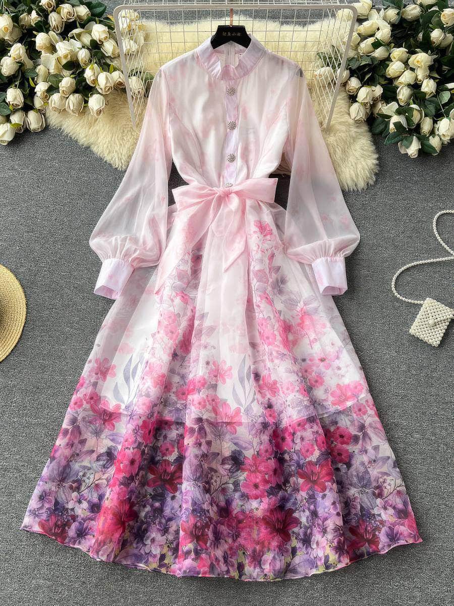 Mettage Lantern Sleeves Cottage Core Floral Vintage Maxi Dress M / Pink