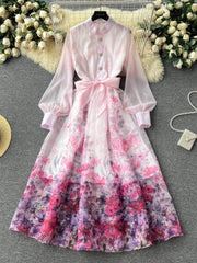 Mettage Lantern Sleeves Cottage Core Floral Vintage Maxi Dress M / Pink