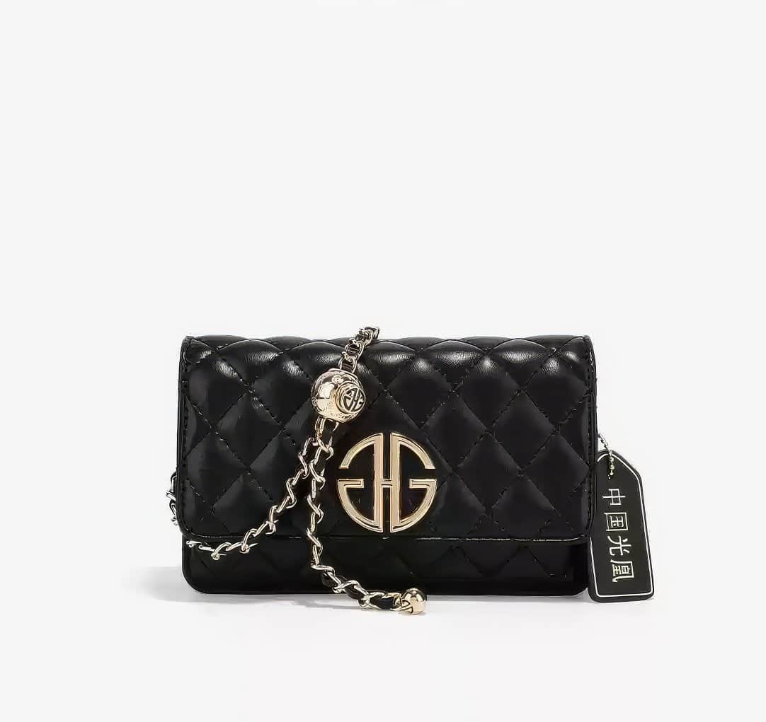 Mini Flap Diamond Stitched Luxury Monogram Emblem Crossbody Handbag Black