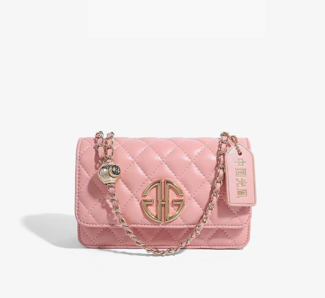 Mini Flap Diamond Stitched Luxury Monogram Emblem Crossbody Handbag Pink