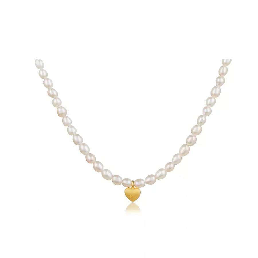 Minimalist Pearl Necklace with Gold Heart Charm White