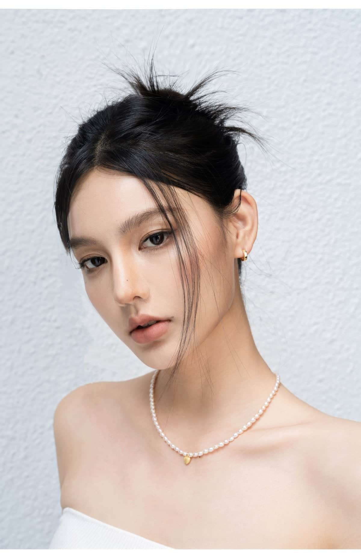 Minimalist Pearl Necklace with Gold Heart Charm White