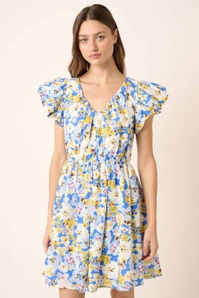 Mittoshop Floral V-Neck Cap Sleeve Mini Dress Blue / L